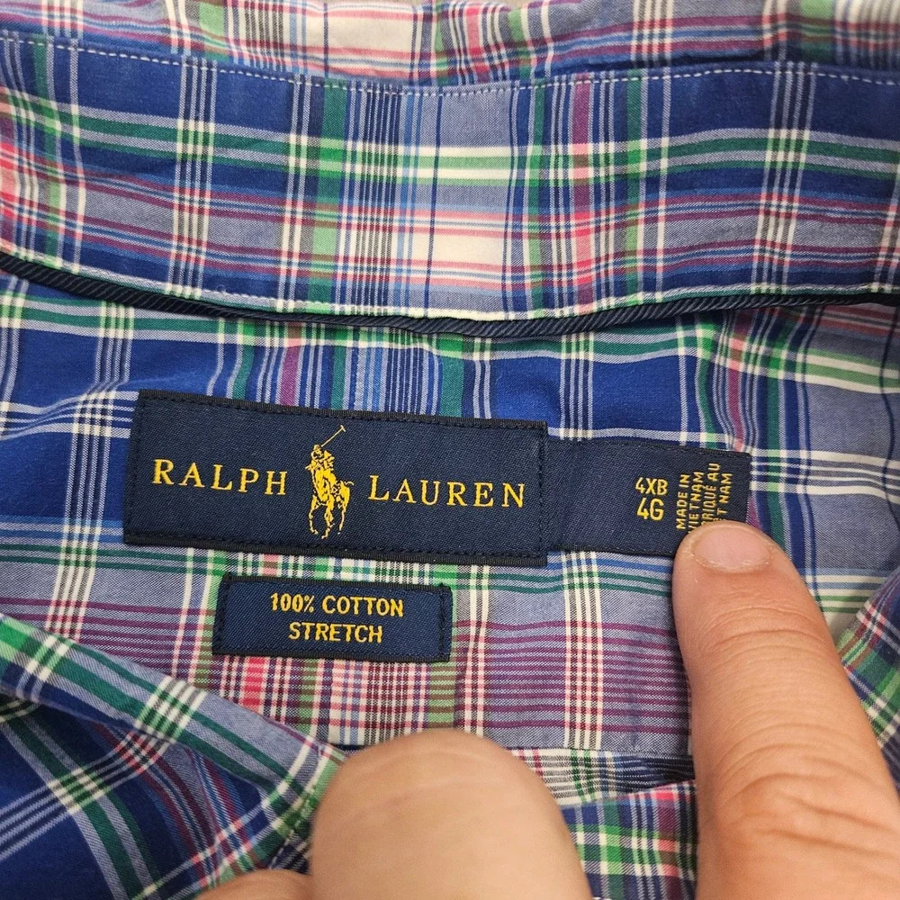 Ralph Lauren Mens 4XB Plaid Button Down Shirt Blue Pink Cotton Stretch Longsleev